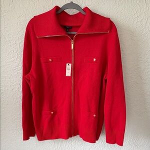 Talbots Bright Red Zip Cardigan with Gold Hardware
